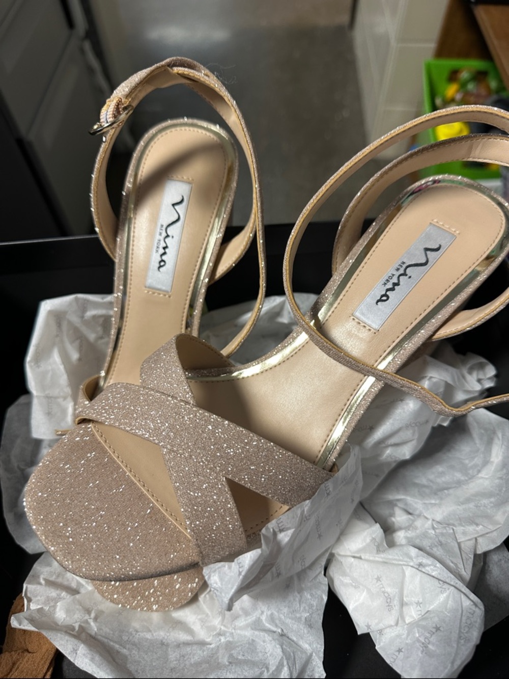 NEW Nina Glitter Sheila Nude Fantasy Strappy Heels in Champagne Gold